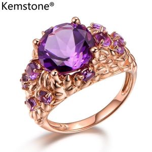 Kemstone Luxury Oval Amethyst Ring for Women Gold Plated Synthetic Gemstone Statement Jewelry
