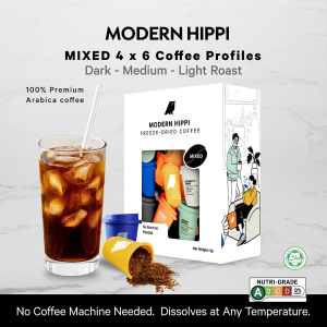 Modern Hippi Freeze Dried Coffee Mixed | 6 Coffee Profiles | 24 Cups | Instant Freeze Dried Coffee | 100% Specialty Arabica Beans | No Preservatives | No Sugar | No Machine Needed | Coffee Made Easy