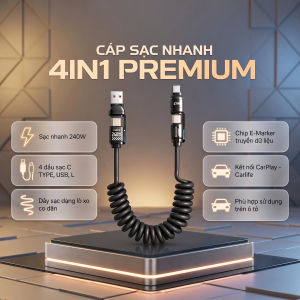 Cáp Sạc Nhanh 4in1 240W Dạng Lò Xo Co Giãn 2M - Tương Thích iPhone Android Sử Dụng Cho Xe Ô Tô