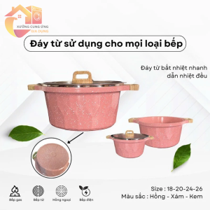 Nồi canh đúc đá 18cm kèm nắp kính tay cầm gỗ đáy từ chống dính dùng cho mọi loại bếp