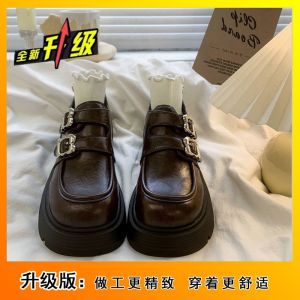 [Free Shipping] Versatile Small Leather Shoes With Height-Increasing Retro Buckle And Velcro Closure New Autumn Style