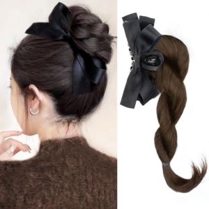 YHDFX สังเคราะห์สังเคราะห์สังเคราะห์ วิกผมหางม้าถักโบว์ มวยถักเปีย วิกผมสกปรก ชิ้นขนหางม้า ขนปุยฟู หางม้าสูง ถักเปียบิดสั้น สำหรับผู้หญิง