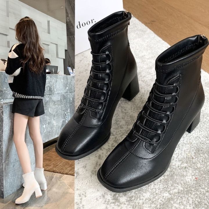 Giày bốt chiến binh buộc dây da lì đế gót trụ vuông cao 6 phân có khoá sau G53