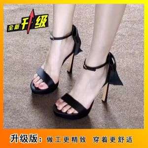 [Free Shipping] Waterproof Platform Sandals With A Champagne-Colored Bow A Single-Strap Buckle Design And A Slender Heel Suitable For Parties And Formal Occasions