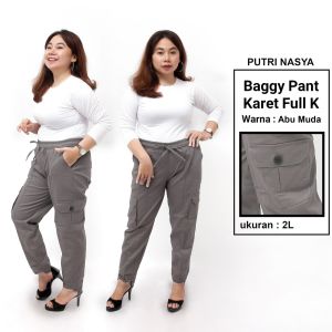 Celana Baggy Pant K Karet Full Super Jumbo Big Size Chino Stret Cream Moca Capucino Hitam / Celana Kantor Big Size / Celana Jumbo Bahan Formal / Celana Kerja wanita Big Size