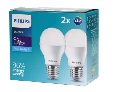 [1 แถม 1]Philips หลอดไฟ LED Essential Bulb 9 วัตต์ ขั้ว E27 สีคูลเดย์ไลท์ (6500K)&สีวอร์มไวท์ (3000K)_แพ็กคู่
