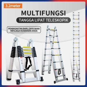 Tangga Aluminium Alloy Lipat Teleskopik Serbaguna 4.7M Tahan Lama Tidak Berkarat Aman dan Stabil Memuat Hingga 150KG Roda 2