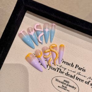 100% HANDMADE Water Drop Shape Artificial Nail  Y2K Blue Pink Gradient Mandarin Duck Snake Phototpy Press on Nails Reusable and Removable Nails with Toolkit