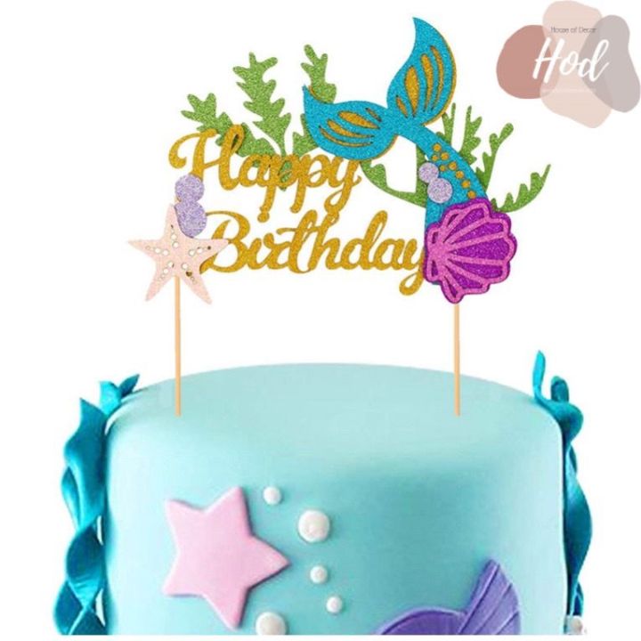 Topper HBD Mermaid Tail Karton / Tulisan Happy Birthday Ekor Duyung Hiasan Kue Ulang Tahun Tema Laut