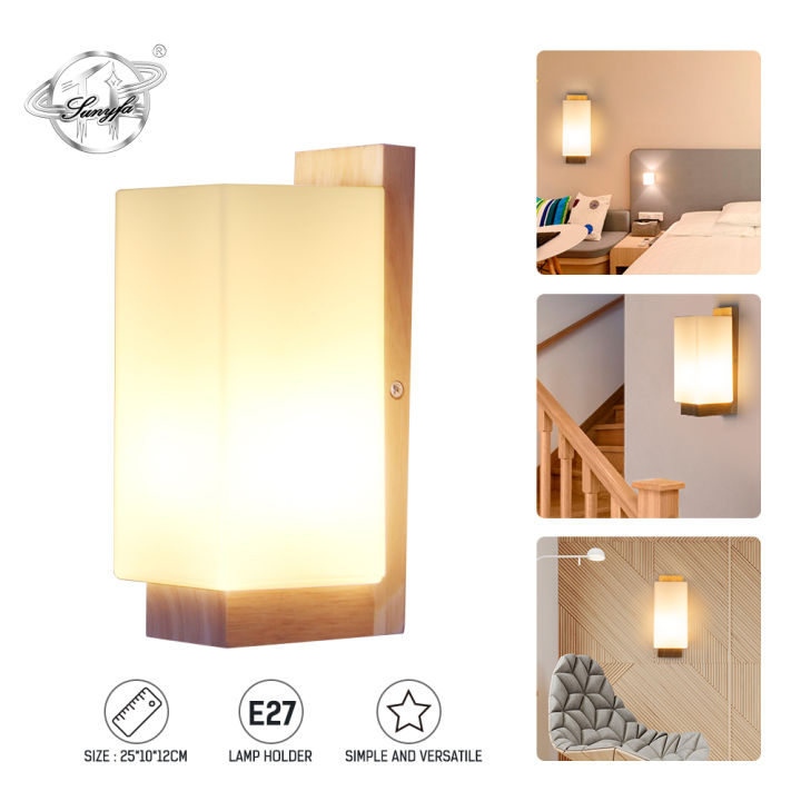 Sunyfa LED Solid Wood Wall Light Glass Cover AC85265V E27 Lamp Holder