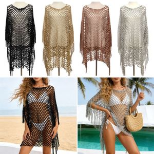 MELODI Gold Silver Wire Mesh Shawl Jacket Knitted Hollowed Out Beach Towel Versatile Tassels Cover Up Seaside