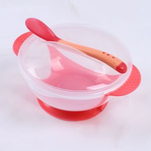 WE Mangkok Set Sendok Tutup Bayi Alat Makan Bayi Silikon Anti Tumpah dan Slip Sensor Panas B04