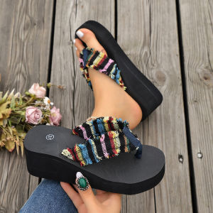 [Free Shipping] Plus-Size Fabric Herringbone Wedge Sandals For Women 2026 Summer New Style Colorful High-Heeled Retro Beach Sandals