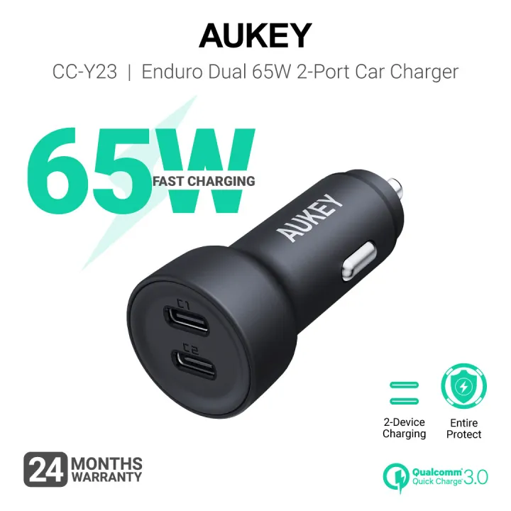 Aukey CC-Y23 Enduro Dual 65W 2-Port Car Charger For Laptop & Mobile (24 Months Warranty)