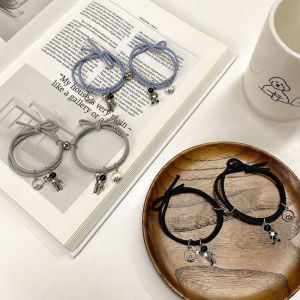 KISSCAT กำไลคู่รักแฟน Adjustable Attractive Friends Alloy Men Mountain and Sea Magnet Wristband Couple Bracelet Valentines Day Gift Eachother Hand Rope