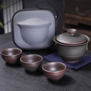 Kirilgu Vintage Purple Pottery Tea Set Outdoor Travel Tea Set Portable Kungfu Tea Set Gaiwan Tea Tureen Tea ceremony Jianshui 7M5T2