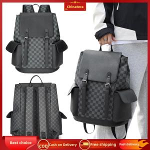 [Chinatera Malll] PU Leather Plaid Travel Backpack Multifunctional Casual Daypack for Men Work Commute