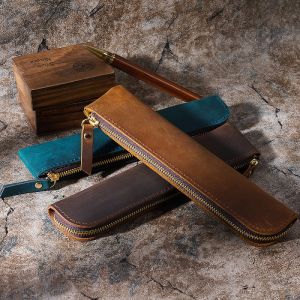 Leather Pencil Case Handmade Genuine Leather Pen Pencil Sleeve Pouch Case Free Name Engrave