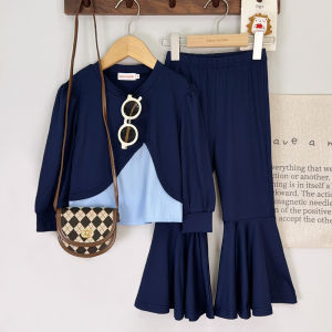 Bộ đồ thời trang cho bé gái khối màu gấu áo ghép hai mảnh Giả Dài Tay mùa thu + quần áo trẻ em thường ngày màu xanh quần ống loe