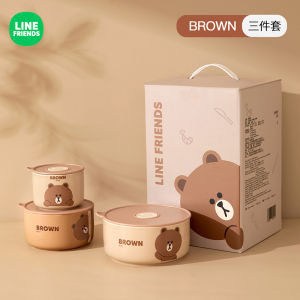 Line Friends Ceramic Fresh-keeping Bowl 3pcs Set Office Worker Students Bento Lunch Box With Lid Sealed Outdoors Camping Tableware Microwave Oven Available New Year Gift Friends Gift