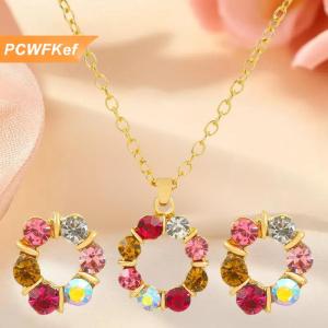 【PCWFKef】 3pcs Vàng Vòng cổ bông tai thiết lập phụ nữ người nổi tiếng đơn giản phong cách thời trang tinh tế kính màu Kim Cương Vòng tròn hình dạng đồ trang sức