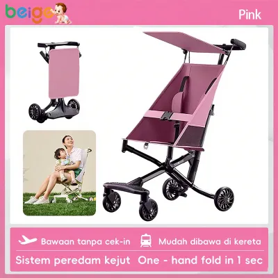 BEIGE Stroller Bayi Lipat 1 Tombol Ringan Travel Portable Beban 60kg - Mudah & Praktis