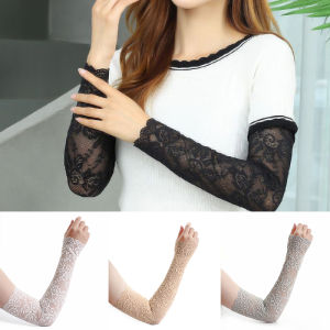 1Pair Women Arm Cover Summer Sunscreen Arm Sleeve Mittens Ice Arm Cuffs UV Protection Lace Classic Fingerless Driving Cycling Gloves