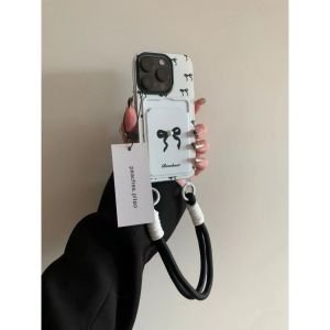 3D Paste White Pearl Black Bow Card Case Phone Case for iPhone 11 12 13 14 15 16 Pro Max Plus TPU soft cover with hanging rope for iPhone15Promax case