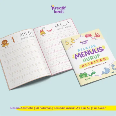 Buku belajar menulis menebalkan huruf alfabet abjad hijaiyah dan angka - Trace titik-titik garis. Ukuran A5