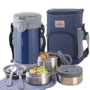 Bộ hộp cơm giữ nhiệt Lock&Lock Easy Carry LHC8039 2 lít - Hàng chính hãng làm từ thép không gỉ có túi đựng và muỗng nĩa đi kèm - JoyMall