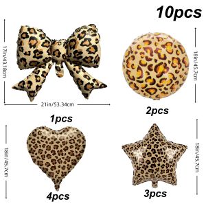 10pcs leopard print foil balloon set with leopard bow round balloons hearts and star-shaped foil balloons perfect for vintage wild style outdoor picnic parties girl gang birthday parties and party balloon decorations.