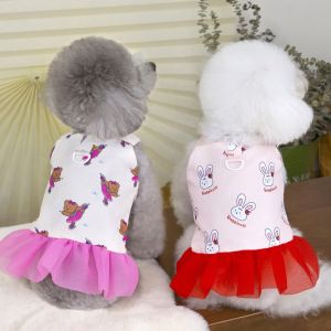 ER52858 Rabbit Bear Print Pet Halter Mesh Dress Soft Cute Pet Clothes Creative Comfortable Dog Princess Skirt For Small Dog Cat