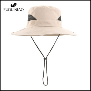 FUGUINIAO Men Bucket Hat Breathable Mesh Bucket Hat Solid Color Large Brim Outdoor Sun Protection Bucket Hat