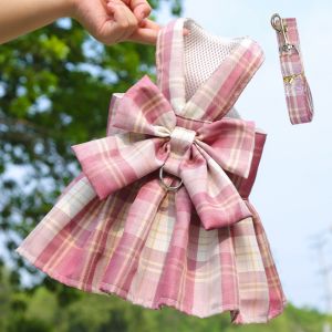 OUTOPEN Thin Dog Plaid JK Dress with Leash Traction Comfortable Pet Vest Clothes Dog Accessories Adjustable Dog Bow Skirt Puppy