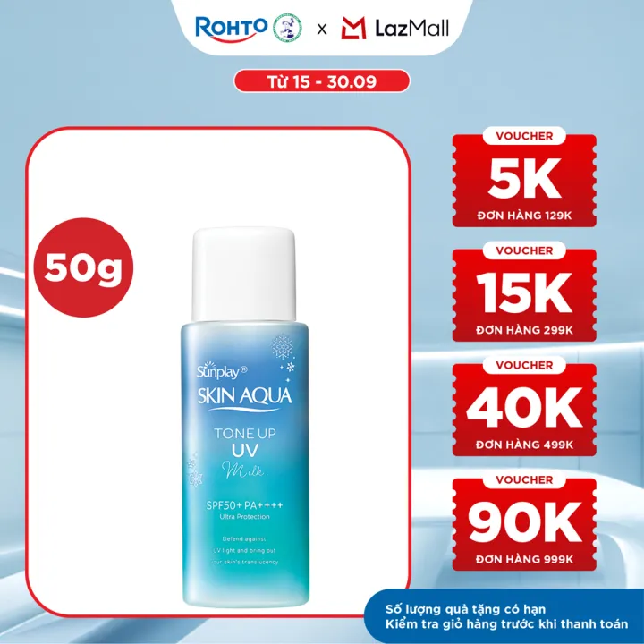 Kem chống nắng nâng tông Skin Aqua Tone up Blue cho da vàng có khuyết điểm đỏ, dạng sữa Sunplay Skin Aqua Tone Up UV Milk Blue SPF 50+ PA++++ 50g