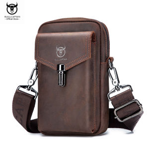 BULLCAPTAIN Crazy Horse Leather Waist Bag Mens Multifunctional Fashion 7-inch Mobile Phone Shoulder Messenger Bag