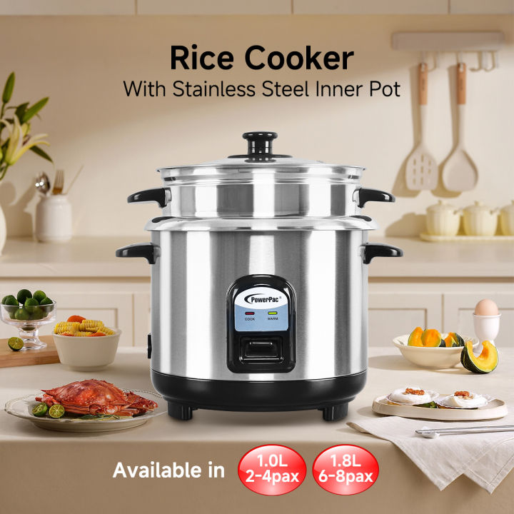 PowerPac Rice Cooker 1.0L/1.8L, Rice Cooker with Stainless Steel Pot ...