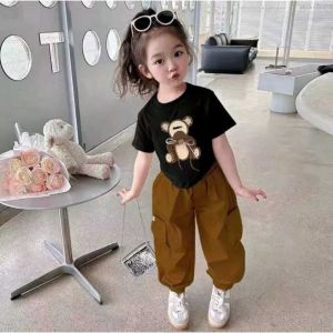Setelan Anak Perempuan Model Cargo dan Kaos Atasan Motif Beruang Usia 1-5 Tahun