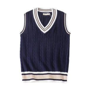 7LiSweater Vest Men Thicken V-neck Sleeveless Knitted Sweaters Vests Striped R Preppy-style Simple Chic Loose Cal All-match