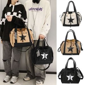 HEFEI Five-pointed Star Large Capacity Shoulder Bag Drawstring Nylon Star Tote Bag Simple Korean Style Y2K Crossbody Bag Women