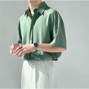 MR Korean mens short sleeved casual shirt Business formal shirt Mint smooth loose polo shirt(5015)