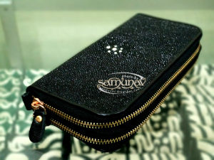 Dompet Wanita Kulit Pari Double Zipper HITAM Tetes Embun