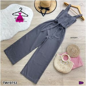 B19753 จั๊มสูทยาวสายเดี่ยว+เชือกผูกเอว Long jumpsuit with single straps + waist tie