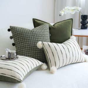 Premium Green Textured Woven Cushion Cover with Pom Poms Striped Patchwork Decorative Throw Pillow Case for Sofa Neutral Decor