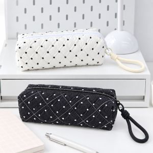 MODERNLUX Quilted Pencil Case Rhombus Stitching Polka Dot Print Pen Bag Durable Large Capacity Pencil Pouch Gift