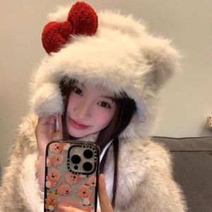 AILSA สีแดงเเดง หมวกแมวคิตตี้ หมวกลายการ์ตูน โบว์สำหรับผูก หมวกน่ารักๆ อบอุ่นและอบอุ่น หมวกบีนนี่ หมวกป้องกันหู ฤดูหนาว/ฤดูใบไม้ร่วง