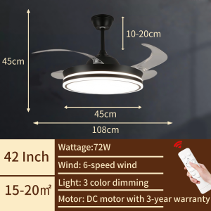 Ceiling Fan with Light 42 Inch Tricolor 6-Speed DC Motor 36W LED 36*2W Variable Light 108cm Remote Control Metal Acrylic ABS Invisible Blade for Living Room Bedroom Kitchen Restaurant