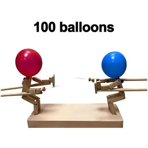 Balloon Bamboo Man Battle Wooden Fighter with Inflatable Head Fast-Paced Balloon Fight Wooden Bots Party Game for 2 Players Kids