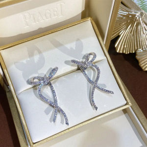Ribbon Bow Silver Color Drop Earrings for Women Shiny Rhinestone Zircon Stud Earrings Simple Korean Style Female Earrings Party Jewelry Gift