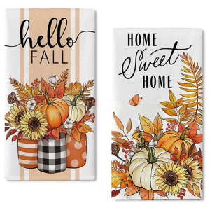 2-Pack Thanksgiving Kitchen Towels - Pumpkin Print Dish Cloths for Holiday Decor Drying Dishes Baking and Autumn Table Setting